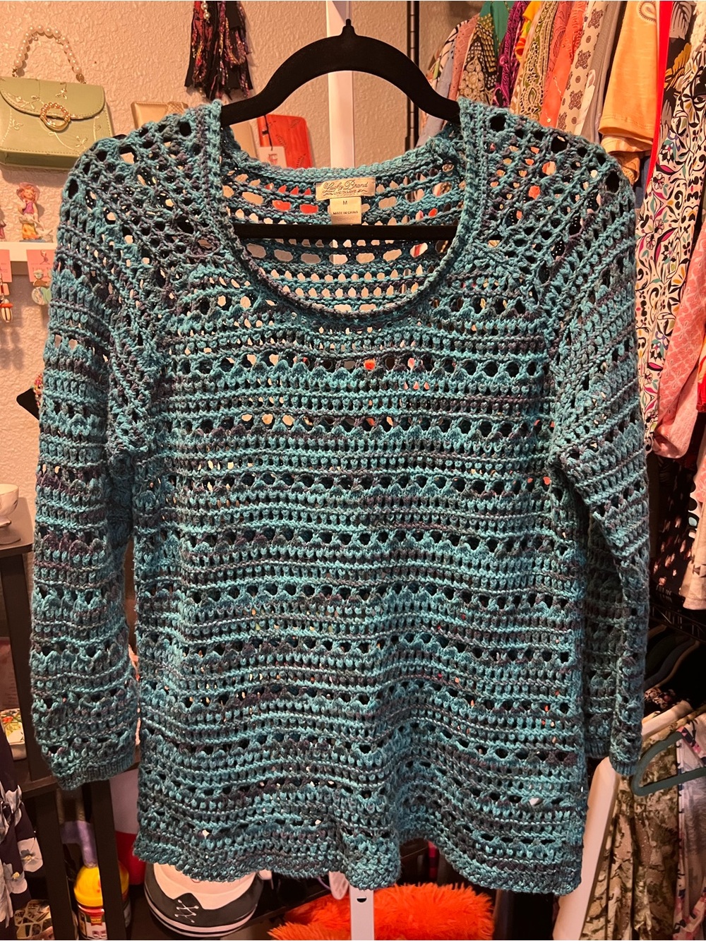 Lucky Brand Teal Open-Knit Crochet Sweater